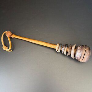Vintage Wooden Mexican Molinillo With Leather Strap & Hand-Carved Detailing